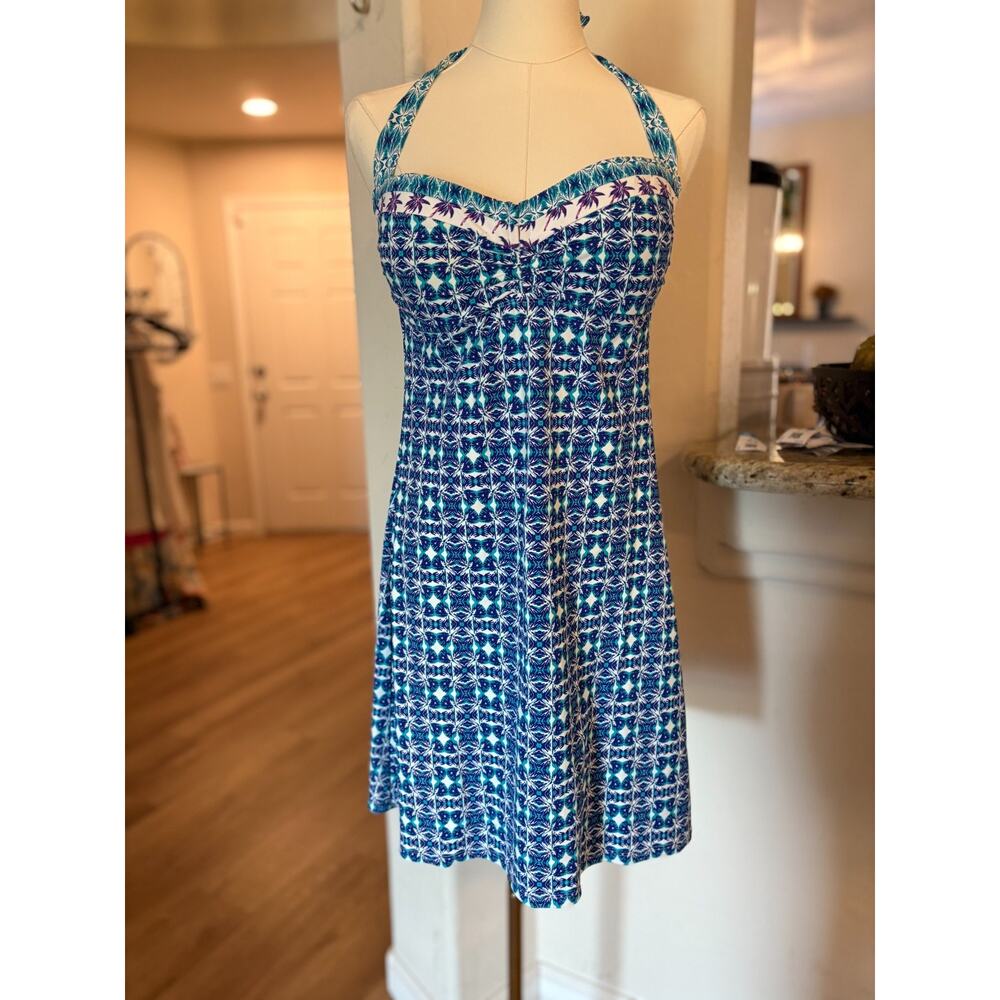 Tommy Bahama Blue/White Geometric Pattern Halter Dress Size Small 2-8